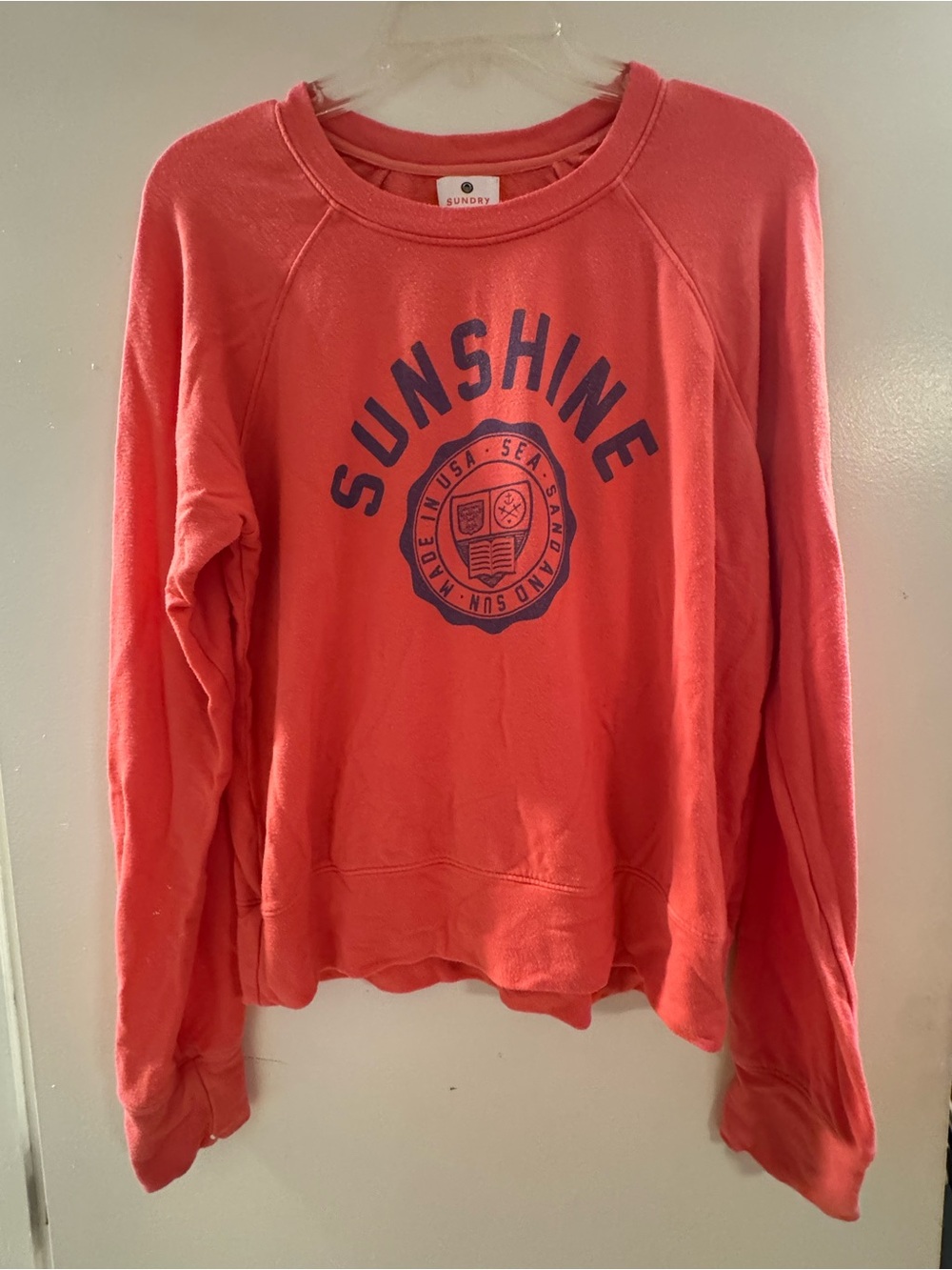 Sundry Coral Crewneck Sweatshirt with Navy 'Sunshine' Graphic